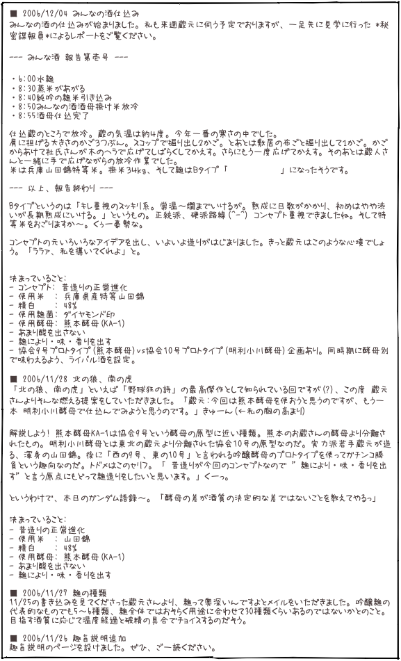 ■ 2006/12/04 みんなの酒仕込み みんなの酒の仕込みが始まりました。私も来週蔵元に伺う予定でおりますが、一足先に見学に行った *秘密諜報員*によるレポートをご覧ください。 
--- みんな酒 報告第壱号 ---  ・6:00水麹
・8:30蒸米があがる
・8:40純吟の麹米引き込み
・8:50みんなの酒酒母掛け米放冷
・8:55酒母仕込完了  仕込蔵のところで放冷。蔵の気温は約４度。今年一番の寒さの中でした。
肩に担げる大きさのかご３つぶん。スコップで掘り出し２かご。とあとは敷居の布ごと掘り出して１かご。かごからあけて杜氏さんが木のヘラで広げてしばらくしてかえす。さらにもう一度広げてかえす。そのあとは蔵人さんと一緒に手で広げながらの放冷作業でした。 米は兵庫山田錦特等米。掛米３４ｋｇ、そして麹はＢタイプ「ダイヤモンド印」になったそうです。

--- 以上、報告終わり ---  Bタイプというのは「キレ重視のスッキリ系。常温〜燗までいけるが。熟成に日数がかかり、初めはやや渋いが長期熟成にいける。」というもの。正統派、硬派路線(^-^) コンセプト重視できましたね。そして特等米をおごりますか〜。くぅー豪勢な。  コンセプトの元いろいろなアイデアを出し、いよいよ造りがはじまりました。きっと蔵元はこのような心境でしょう。「ララァ、私を導いてくれよ」と。   決まっていること:
- コンセプト: 昔造りの正常進化
- 使用米　: 兵庫県産特等山田錦 - 精白　　: 48% - 使用麹菌: ダイヤモンド印
- 使用酵母: 熊本酵母(KA-1)
- あまり酸を出さない
- 麹により・味・香りを出す - 協会9号プロトタイプ(熊本酵母)vs協会10号プロトタイプ(明利小川酵母)企画あり。同時期に酵母別で味わえるよう、ライバル酒を設定。 
■ 2006/11/28 北の狼、南の虎 「北の狼、南の虎」といえば「野球狂の詩」の最高傑作として知られている回ですが(?)、この度 蔵元さんよりそんな燃える提案をしていただきました。「蔵元:今回は熊本酵母を使おうと思うのですが、もう一本 明利小川酵母で仕込んでみようと思うのです。」きゅーん(←私の胸の高まり)  解説しよう! 熊本酵母KA-1は協会9号という酵母の原型に近い種類。熊本のお蔵さんの酵母より分離されたもの。明利小川酵母とは東北の蔵元より分離された協会10号の原型なのだ。実力派若手蔵元が造る、渾身の山田錦。後に「西の9号、東の10号」と言われる吟醸酵母のプロトタイプを使ってガチンコ勝負という趣向なのだ。トドメはこのセリフ。「 昔造りが今回のコンセプトなので ”麹により・味・香りを出す”と言う原点にもどって麹造りをしたいと思います。」くーっ。  というわけで、本日のガンダム語録〜。「酵母の差が酒質の決定的な差ではないことを教えてやるっ」  決まっていること:
- 昔造りの正常進化
- 使用米　: 山田錦
- 精白　　: 48%
- 使用酵母: 熊本酵母(KA-1)
- あまり酸を出さない
- 麹により・味・香りを出す  ■ 2006/11/27 麹の種類 11/25の書き込みを見てくださった蔵元さんより、麹って奥深いんですよとメイルをいただきました。吟醸麹の代表的なものでも5〜6種類、麹全体ではおそらく用途に合わせて30種類くらいあるのではないかとのこと。目指す酒質に応じて温度経過と破精の具合でチョイスするのだそう。   ■ 2006/11/26 趣旨説明追加 趣旨説明のページを設けました。ぜひ、ご一読ください。