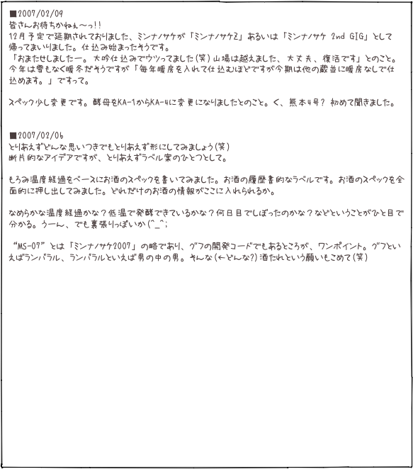 ■2007/02/09 皆さんお待ちかねぇ〜っ!!  12月予定で延期されておりました、ミンナノサケが「ミンナノサケZ」あるいは「ミンナノサケ 2nd GIG」として帰ってまいりました。仕込み始まったそうです。 「おまたせしましたー。大吟仕込みでウツってました(笑)山場は越えました、大丈夫、復活です」とのこと。今年は雪もなく暖冬だそうですが「毎年暖房を入れて仕込むほどですが今期は他の蔵並に暖房なしで仕込めます。」ですって。  スペック少し変更です。酵母をKA-1からKA-4に変更になりましたとのこと。く、熊本4号? 初めて聞きました。   ■2007/02/06 とりあえずどんな思いつきでもとりあえず形にしてみましょう(笑)　 断片的なアイデアですが、とりあえずラベル案のひとつとして。  もろみ温度経過をベースにお酒のスペックを書いてみました。お酒の履歴書的なラベルです。お酒のスペックを全面的に押し出してみました。どれだけのお酒の情報がここに入れられるか。  なめらかな温度経過かな？低温で発酵できているかな？何日目でしぼったのかな？などということがひと目で分かる。うーん、でも裏張りっぽいか(^_^;  “MS-07”とは「ミンナノサケ2007」の略であり、グフの開発コードでもあるところが、ワンポイント。グフといえばランバラル、ランバラルといえば男の中の男。そんな(←どんな?)酒たれという願いもこめて(笑)






 









